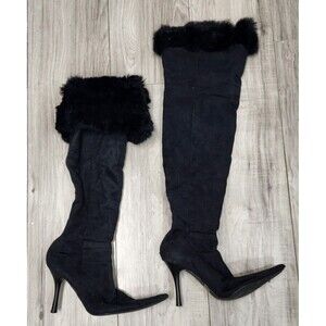 Women's Furry Trimmed Side Zipper Slim High Heel Suede Retro Over-Knee Boots 7.5